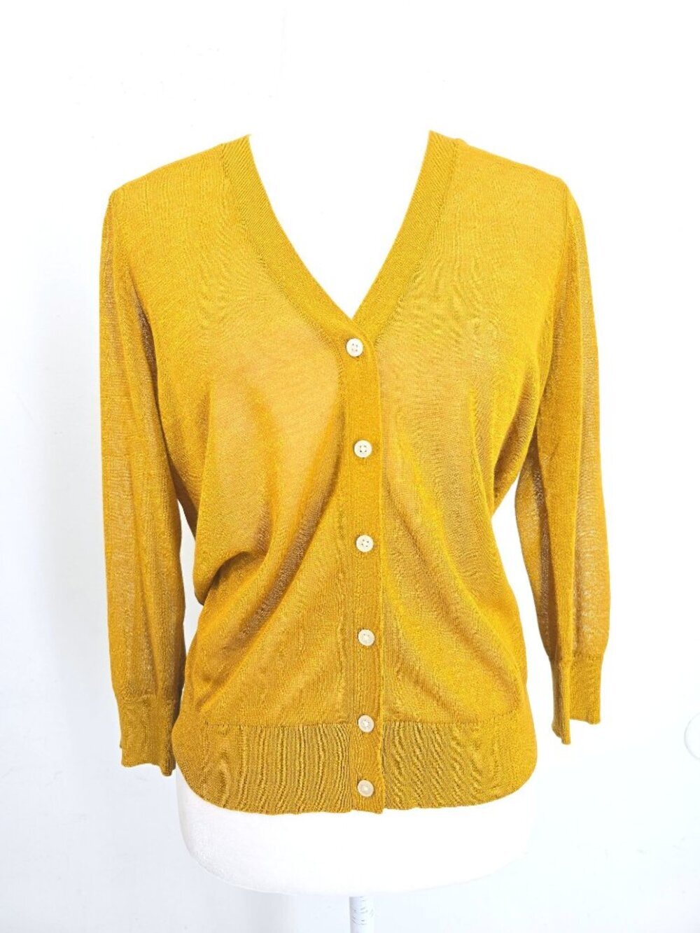 LOFT Petite Mustard Yellow Shimmer V Neck Button Front Cardigan Women MP